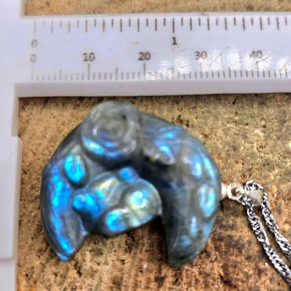 Nature Labradorite Carved Flashy Sleeping Rabbit On  Moon Pendant Necklace - Picture 5 of 10